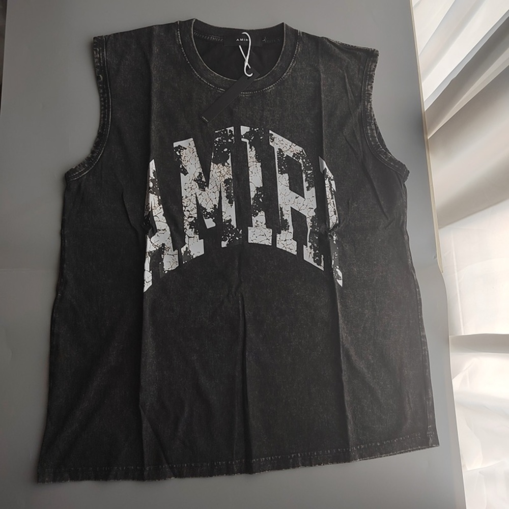 Amiri Logo Print Crew Neck Washed Black Sleeveless Top